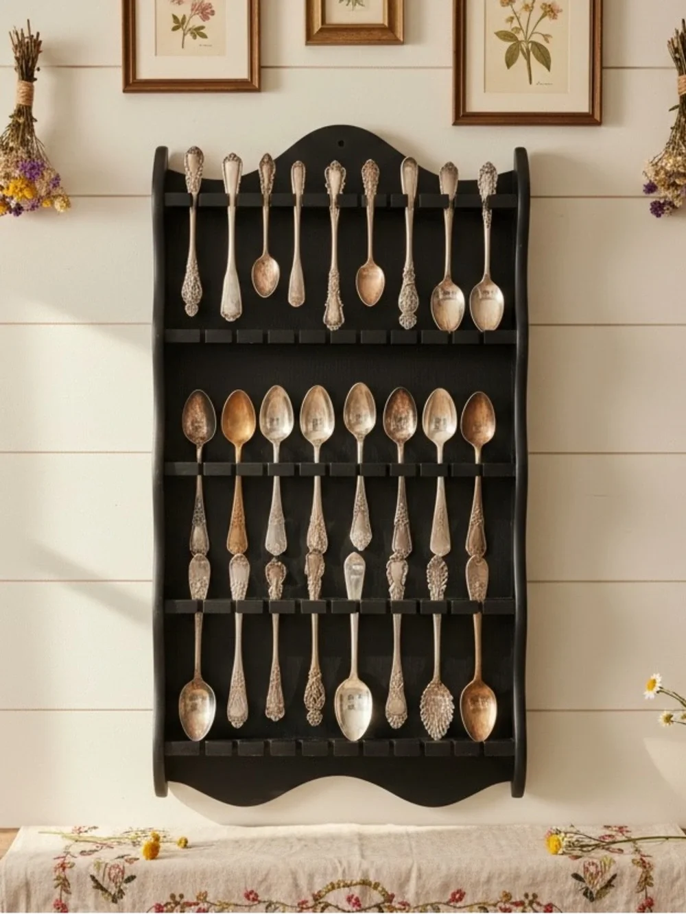 Primitive Wood Black Wall 50 Spoon Rack Display Rustic Cottagecore Kitchen READ